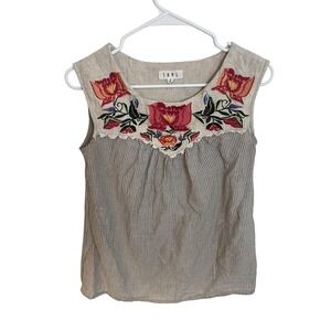 THML Top Wm Sm Gray Embroidered Floral Linen Boho Cottage Feminine Lace Bloom